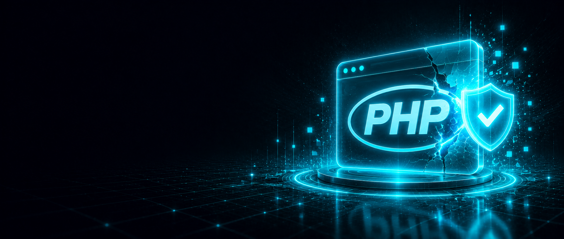 PHP security warning shown against a dark digital background